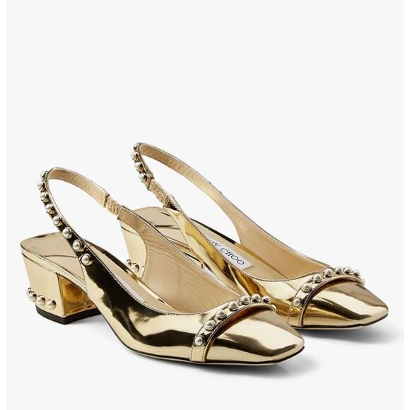 JIMMY CHOO Hya 45 Gold Metallic Slingback Heels Pearl Trim Square Sz 39.5 $995 - Picture 2 of 9